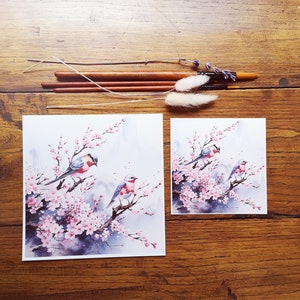 Les oiseaux sur les branches d'un cerisier, illustration aquarelle, impression art