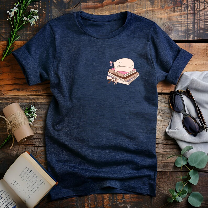 May include: Navy blue t-shirt featuring a small graphic of a sleeping white cat on a stack of books with pink hearts. The t-shirt has short sleeves and a crew neck. The design is on the left chest area.