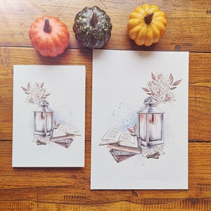 Automne et lecture, illustration aquarelle, impression art