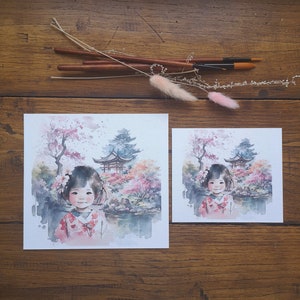 Petite fille japonaise, illustration aquarelle, impression art