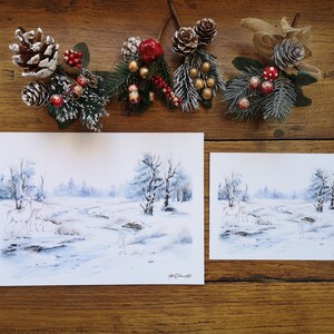 Paysage d'hiver et belle rencontre, illustration aquarelle, impression art
