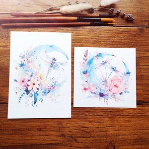 Une libellule sur la lune, illustration aquarelle, impression art