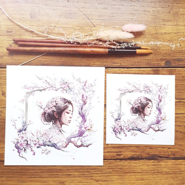 Japonaise et fleurs de cerisier, illustration aquarelle, impression art