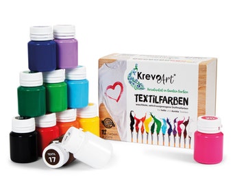 Krevo Art Stoffmalfarben Textilfarben WASCHFEST | Set aus 12 x 20ml Stofffarben in Fläschchen | Zum bemalen von hellen und dunklen Textilien