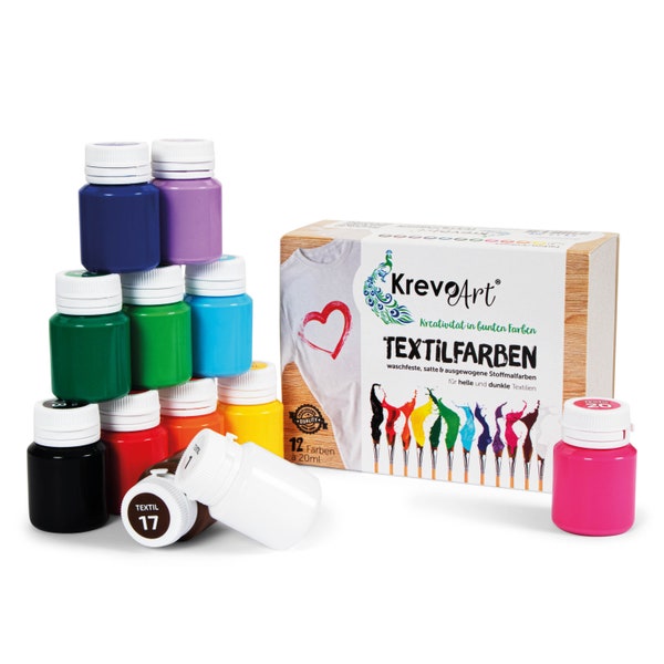 Krevo Art Stoffmalfarben Textilfarben WASCHFEST | Set aus 12 x 20ml Stofffarben in Fläschchen | Zum bemalen von hellen und dunklen Textilien