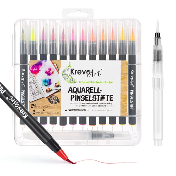 Krevo Art Pinselstifte Set - 24+2 Handlettering Stifte mit Pinselspitze Aquarellpinsel-Stifte für Kalligraphie Hand-Lettering Bullet Journal