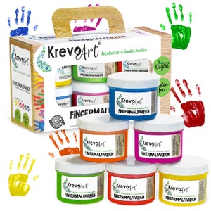 Krevo Art Fingerfarben für Kinder ungiftig, 6 kräftige und deckende Farben je 60ml Auswaschbar Vermalbar mit Pinsel, Schwamm, Fingern, Füßen