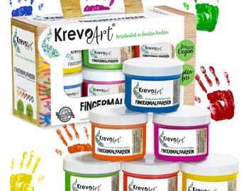 Krevo Art finger paints for children, non-toxic, 6 strong and opaque colors, 60ml each. Washable. Can be painted with a brush, sponge, fingers, or feet.