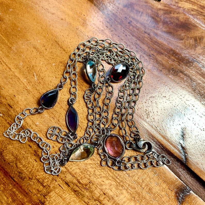 Vintage Necklace-EB1835 Multi Color Gemstone Sterling Silver Bezel Set Necklace Vintage Necklace-EB1835 Multi Color Gemstone Sterling Silver Bezel Set Necklace