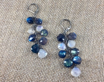 Beautiful! Blue Flash Labradorite & Rainbow Moonstone Cluster Earrings