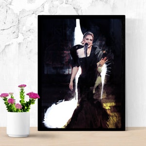 May include: A black and white digital painting of a woman singing into a microphone. She is wearing a black dress with a long train and a microphone in her hand. The background is a dark, blurry stage.