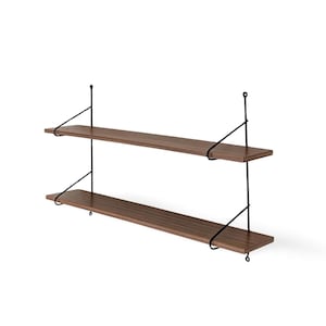 May include: A two-tiered wall-mounted shelf unit. The shelves are made of dark brown wood and are supported by black metal brackets. The shelves are rectangular and the unit is designed to be mounted on a wall.