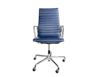 Original Charles Eames office chair Vitra EA119, leather, blue, casters