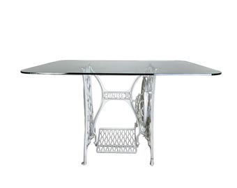 Mid-century dining table, glass table, Singer sewing machines, cast iron, unique piece