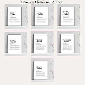 Op de afbeelding: Een set van zeven ingelijste wandkunstprints, elk met een andere chakranaam in vette tekst. De prints zijn in zwart en wit, met de chakranamen en beschrijvingen gecentreerd op een witte achtergrond. De set is gelabeld "Complete Chakra Wall Art Set".