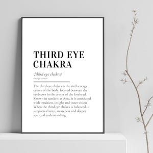 Op de afbeelding: Een ingelijste print met de tekst "THIRD EYE CHAKRA" in zwarte letters. De tekst eronder beschrijft het derde oogchakra, de locatie en de associatie met intuïtie en innerlijke visie. De print wordt op een wit oppervlak weergegeven.