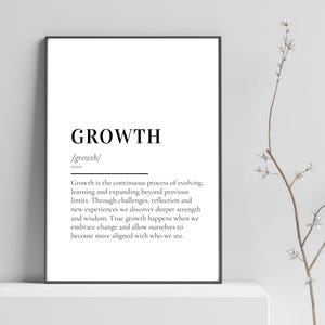 Op de afbeelding: Een ingelijste print met het woord "GROWTH" in vette zwarte letters. Daaronder de fonetische uitspraak en de definitie van groei. De definitie is geschreven in zwarte tekst op een witte achtergrond.