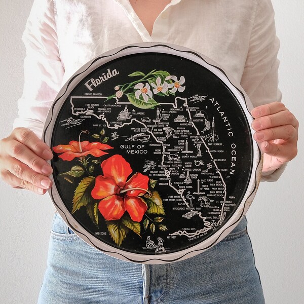 Vintage Tin Florida Souvenir Tray, Vintage Round Floral Tray, Florida State Decor, Cottage Decor