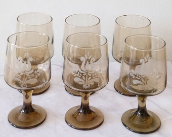 Vintage Libbey Pfaltzgraff Smoke Wine Glasses, Smoke Brown Wine Glasses/Goblets, MCM Glassware, Retro Barware