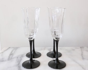 Vintage Luminarc France Black Stem Arcoroc Flutes/Glasses, Retro Barware