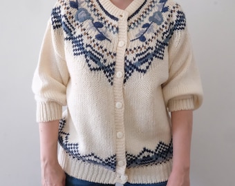 Vintage Northern Isles Sweater, Cream Nordic Fair Isle Knit, Geo Pattern Sweater Cardigan