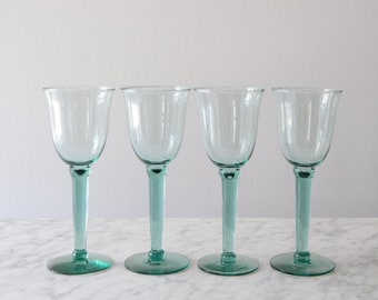 Vintage Hand-Blown Aqua/Blue Stemmed Glasses, Retro Wine/Water Goblets, Retro Barware, Collectible Glassware