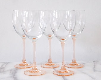 Vintage Blush Pink Stem Luminarc Wine Glasses, Retro Pink Barware, Pink Stemmed Glasses, Set of 5