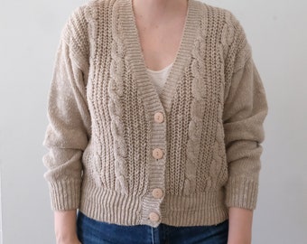 Vintage Oatmeal Brown Cable-knit Sweater, Vintage Cardigan, Vintage Classic