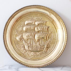 Vintage Brass Ship Plate, Artistic Brass Plate, Nautical Wall Art, Sailing Ship Art, Vintage Nautical Art, Estate Home Decor