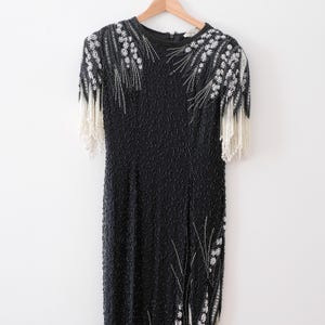 Vintage Black Beaded Gown, Black Sequin Evening Dress, Vintage Black Prom/Occasion Dress, Black Floral Beaded Dress