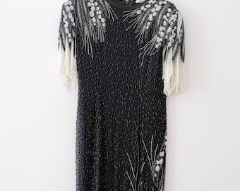 Vintage Black Beaded Gown, Black Sequin Evening Dress, Vintage Black Prom/Occasion Dress, Black Floral Beaded Dress