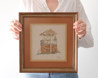 Vintage Framed Cottage Cross-stitch, Vintage Farm Landscape Art, Original Hand-sewn Art