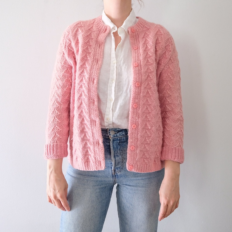 Vintage Pink Knit Cardigan Sweater Wool Knit Cardigan Etsy