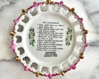 Vintage Georgia State Flower Souvenir Plate, Landmarks Decorative Collector, Travel Vacation Wall Decor, Cherokee Rose Art