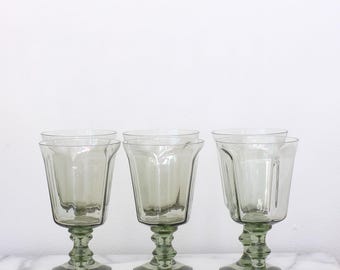 Lenox Hand-blown Antique Panel Jade Green Water/Wine Goblets, Retro Green Stemmed Glasses