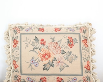 French Country Floral Tassel Needlepoint Pillow, Vintage Floral Needlepoint Pillow, Vintage Flower Pillow, Cottage Pillow