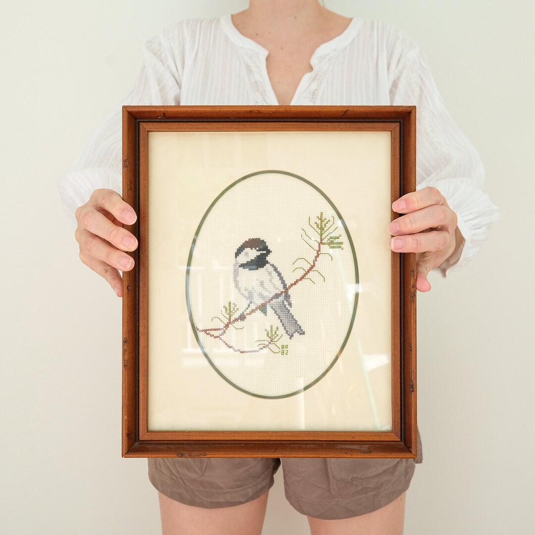 Vintage Framed Bird Crossstitch Chickadee Art Vintage Etsy