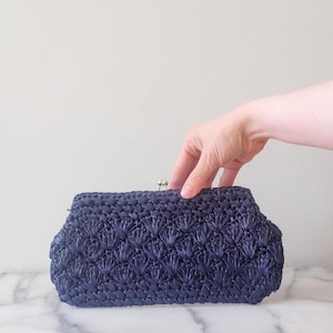Bolso/cartera vintage de paja tejida azul, bolso de paja con asa superior, bolso de muñeca tejido