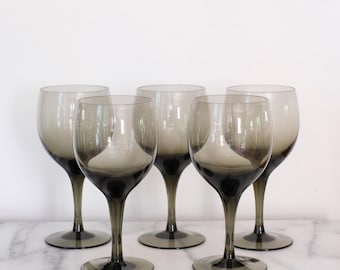 Vintage Smoke/Gray Wine Glasses, Retro Barware, MCM Wine Glasses