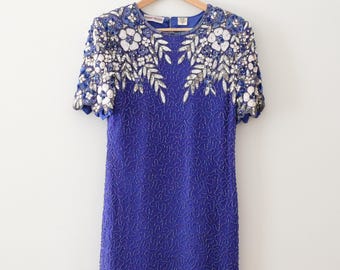 Vintage Silk Blue Floral Beaded Gown, Blue Sequin Evening Dress, Vintage Black Prom/Occasion Dress, Blue Floral Beaded Dress