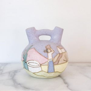 Vintage Pastel Motif Wedding Pottery Vase, Southwest Pottery, Hand Painted Double Spout Vase, Handmade Pottery