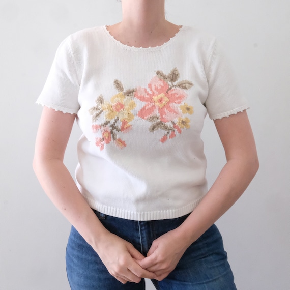 Vintage Floral Embroidered Sweater, White Floral … - image 1