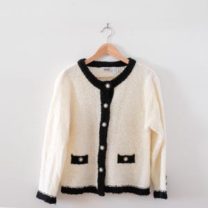 Vintage Cream Sweater with Black Trim, Vintage Parisian Style Cardigan Sweater