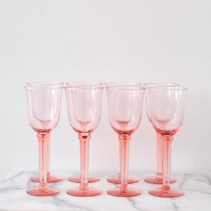 Pink Hand-blown Stemmed Glasses, Vintage Barware, Pink Wine Glass Set