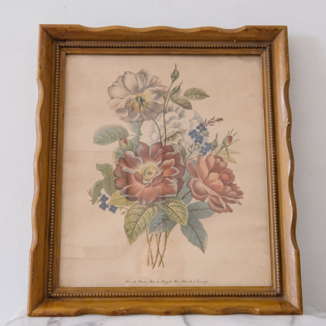 Vintage Framed Floral Print, Framed Floral Wall Art, Floral Cottage