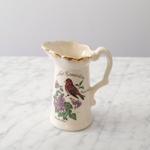 Vintage Ceramic New Hampshire Purple Finch Botanical Pitcher Vase, Gold Trim Botanical Vase/Pitcher, Decorative Bird Creamer/Pitcher