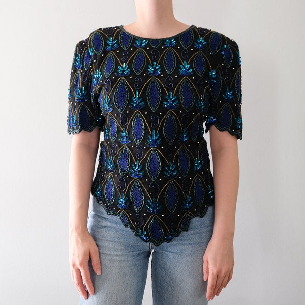 Vintage Black Silk Beaded Blouse/Top