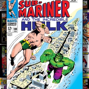 Puede incluir: Portada de c&oacute;mic de "Tales to Astonish" con Sub-Mariner y el Incre&iacute;ble Hulk. La portada muestra a los dos personajes en batalla sobre una ciudad. El c&oacute;mic es el n&uacute;mero 100 de Marvel Comics.