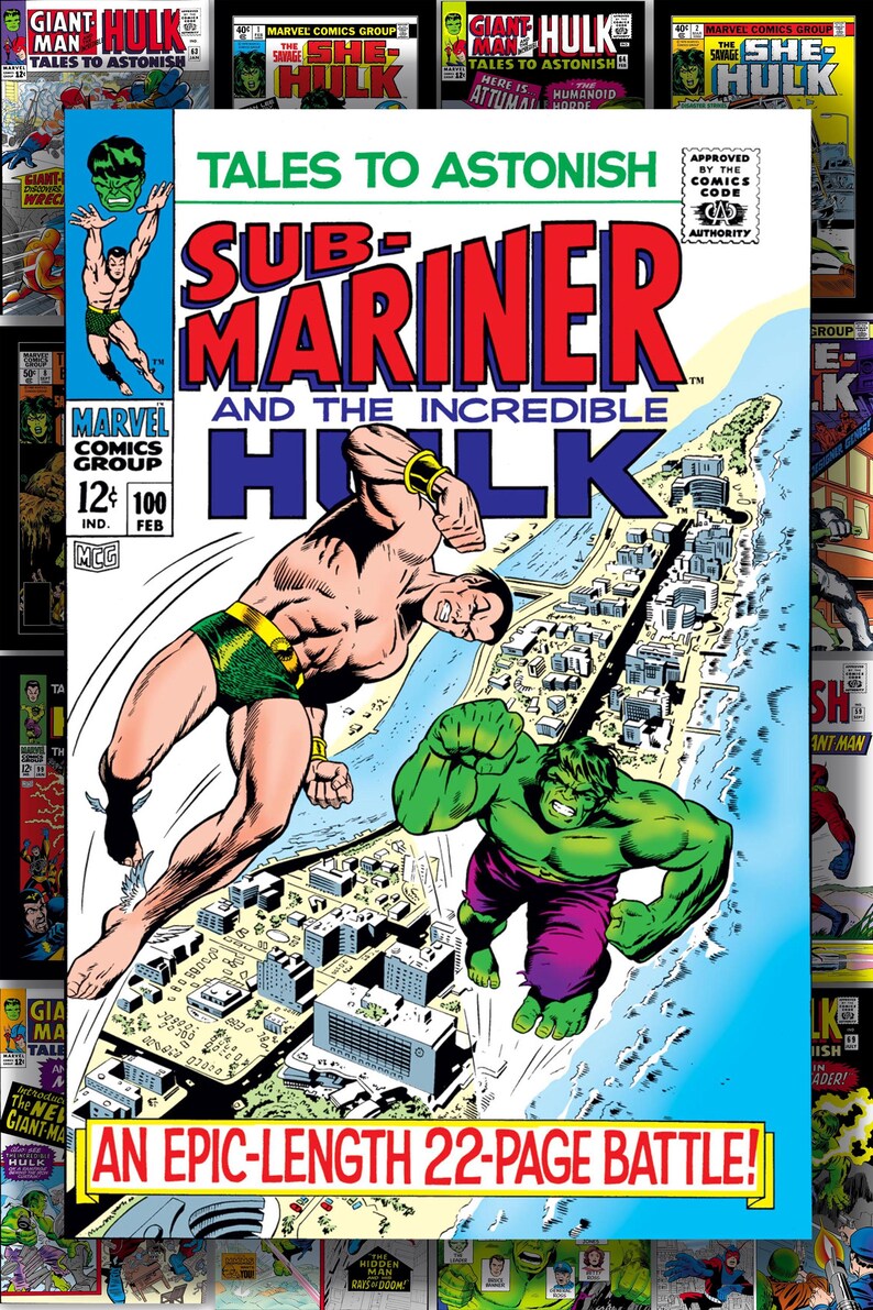 Puede incluir: Portada de c&oacute;mic de "Tales to Astonish" con Sub-Mariner y el Incre&iacute;ble Hulk. La portada muestra a los dos personajes en batalla sobre una ciudad. El c&oacute;mic es el n&uacute;mero 100 de Marvel Comics.