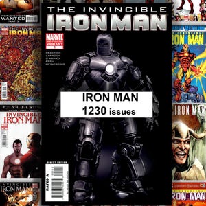 Op de afbeelding: Een verzameling Iron Man stripboekcovers. De centrale afbeelding toont een metalen Iron Man-figuur met de tekst "IRON MAN 1230 issues". Omringende covers tonen diverse Iron Man illustraties en titels, waaronder "The Invincible Iron Man."